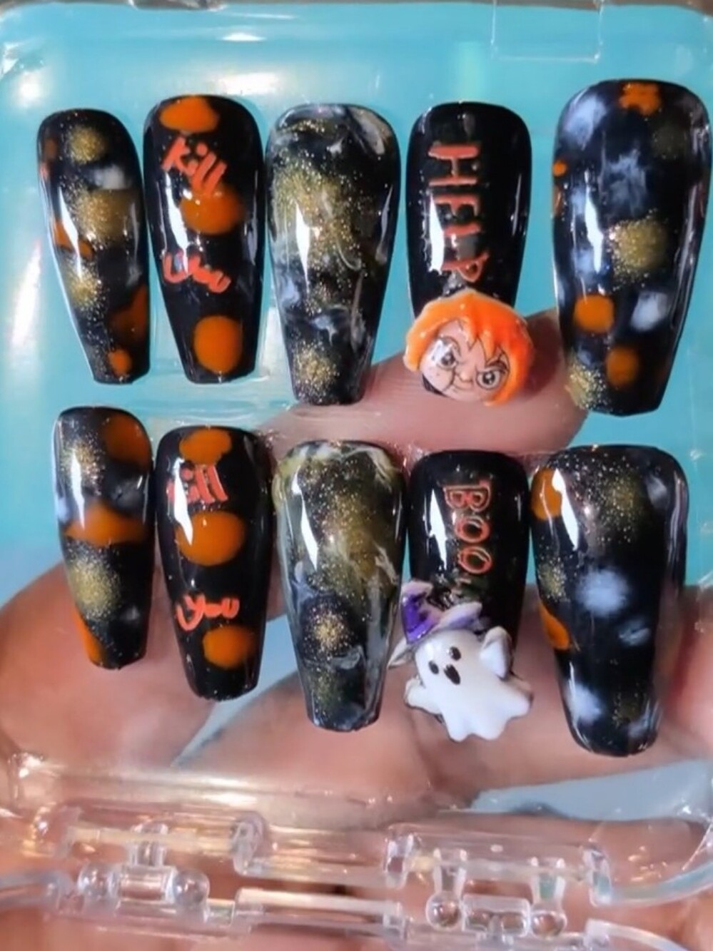 Hand CRAFTED Custom Halloween Black and Orange Press On Nails Size M
